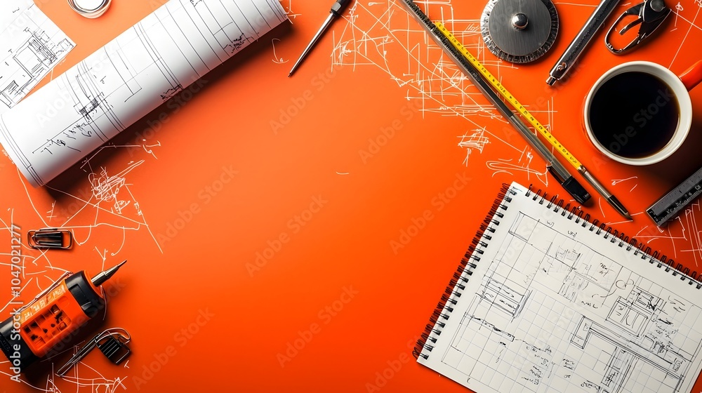 Aufkleber Organized engineering notepads drafting tools and a cup of coffee set up on an office desk representing a creative workspace for brainstorming product development