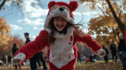 Joyful teen in dog-themed cosplay outfit enjoying autumn festival outdoors