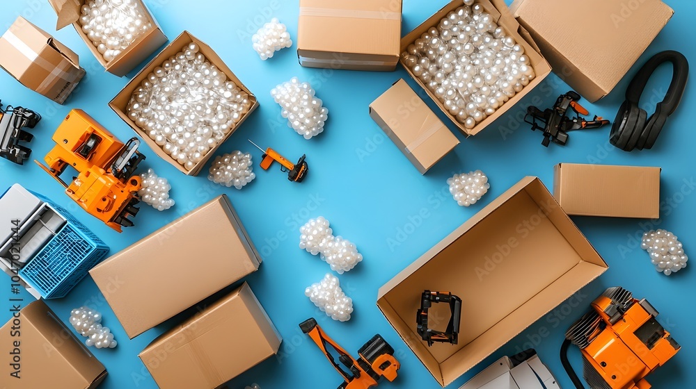 Poster overhead view of open cardboard boxes filled with bubble wrap packing peanuts and other protective p