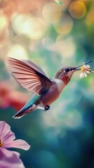 Fototapeta premium Hummingbird flying and drinking nectar from a flower in the garden