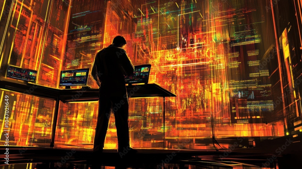 Poster a lone figure stands in a dark room, illuminated by the glow of computer screens, working in a futur