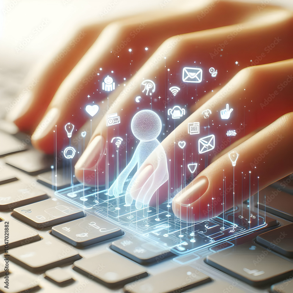 Poster 3d macro shot fingers typing holographic keyboard futuristic technology close up image soft glow enh