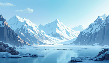 Snow-capped mountains reflected in calm glacial lake under a clear blue sky