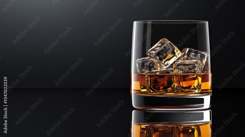 Poster close-up of whiskey glass with ice cubes on a reflective surface, against a black background, with s