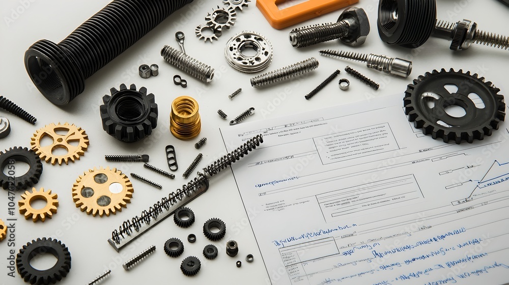 Leinwandbilder pile of gears screws and precision tools meticulously arranged next to an engineering report on an i