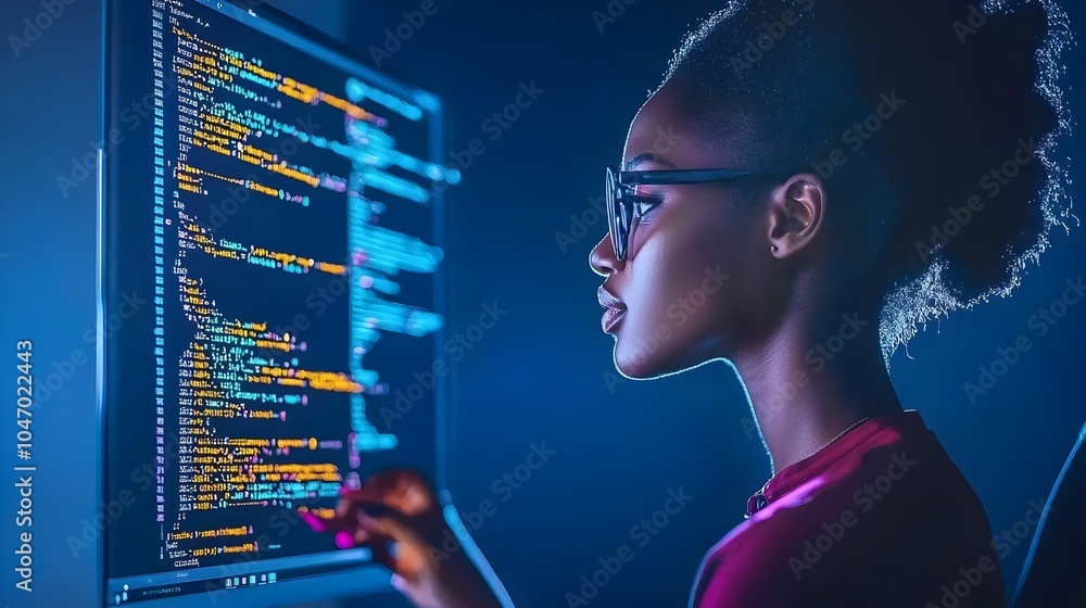 Poster portrait of a confident and focused african american female software engineer working on development