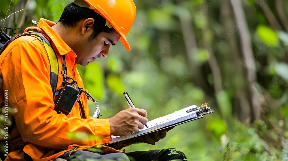 Poster portrait of a hispanic male geotechnical engineer in uniform conducting site surveys and inspections