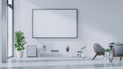 A high-tech minimalist showcase featuring a white canvas backdrop, Futuristic furniture arrangement in a smart home environment, Futuristic minimalism style