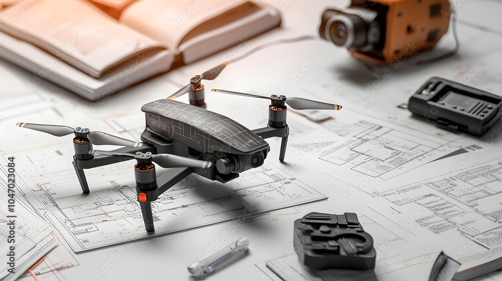 Poster precision drone and remote control with engineering manuals nearby high tech modern equipment for ae