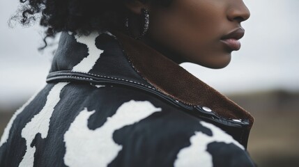 Fashionable close-up of cow print jacket with suede details for trendy outerwear inspiration