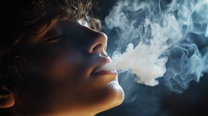 Close-up of young person exhaling vape smoke in dark atmosphere