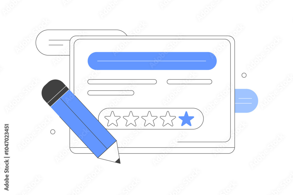 Poster survey form with customer review window and pencil. online feedback, survey or review concept. vecto