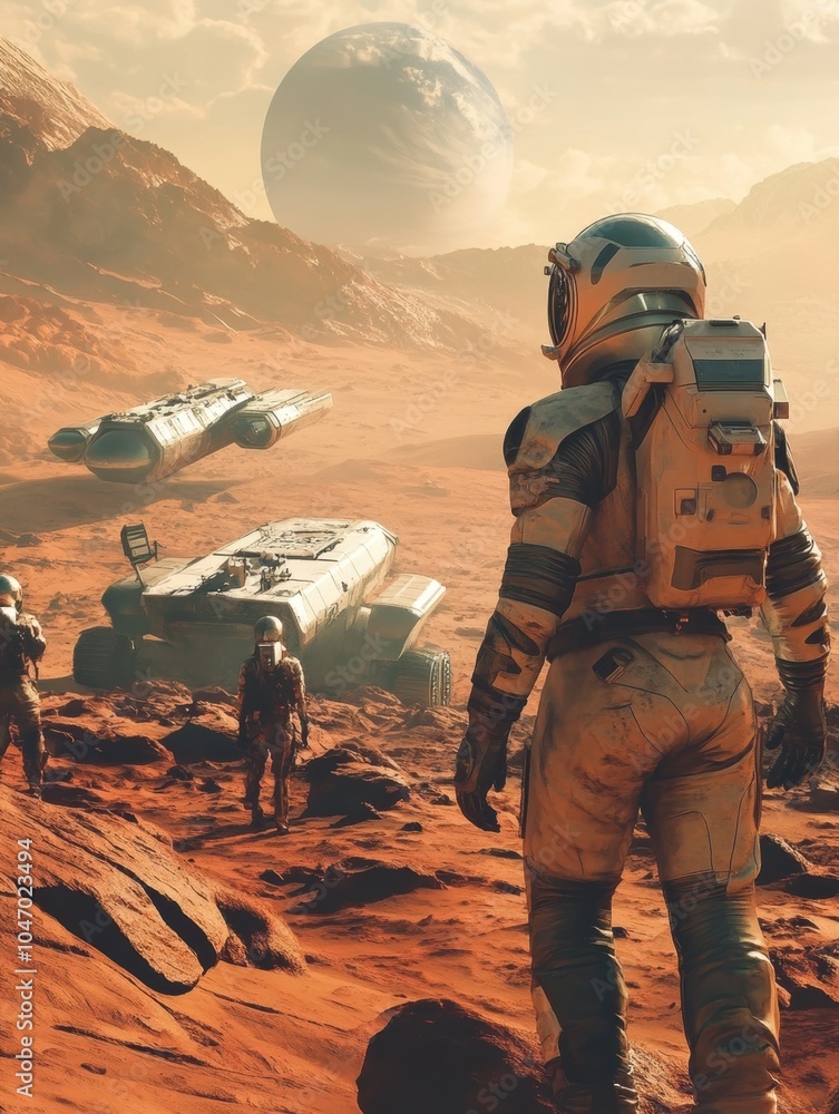 Poster Astronauts survey the rugged red terrain of Mars while advanced spacecraft rest nearby as the sun sets in the distance. Generative AI