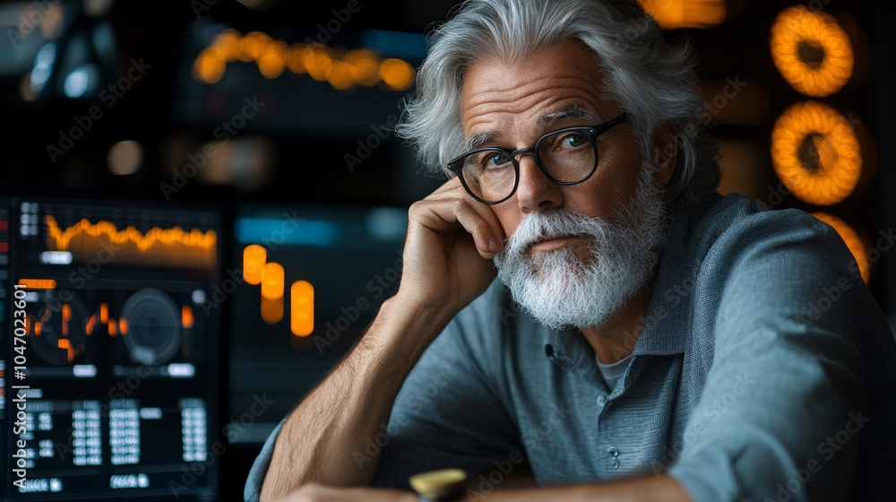 Poster Senior executive sitting at a boardroom table reviewing financial documents with a focused expression as screens display key data Stock Photo with side copy space