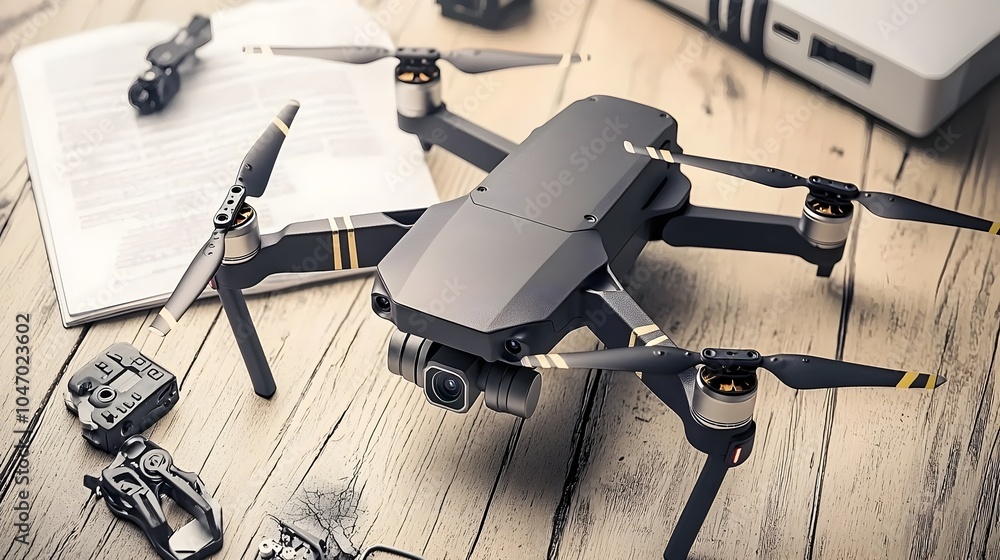 Fototapete precision drone and remote control device with engineering manuals and technical documents laid out 