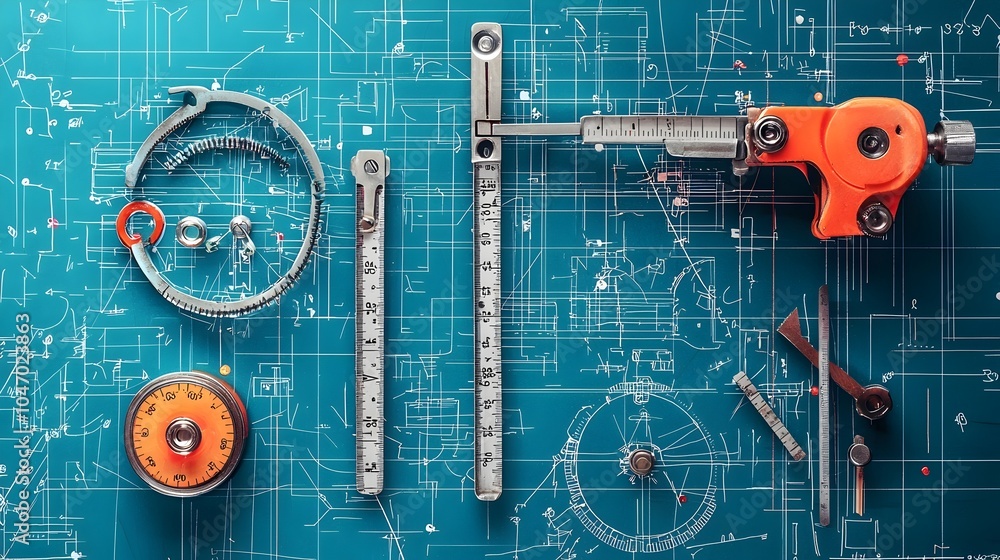 Aufkleber precision measurement devices including calipers and micrometers carefully arranged on a technical d