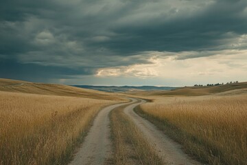 Serene Road through Golden Fields under Dramatic Sky