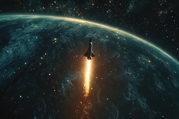 Obraz premium Rocket Launch Over Earth in Cosmic Space Scene
