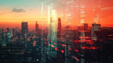 Fototapeta premium Futuristic cityscape with digital corruption effects at sunset