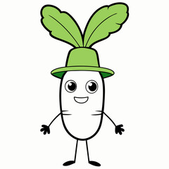 Daikon Radish vegetable vector art illustration with hand and legs, hat, white background