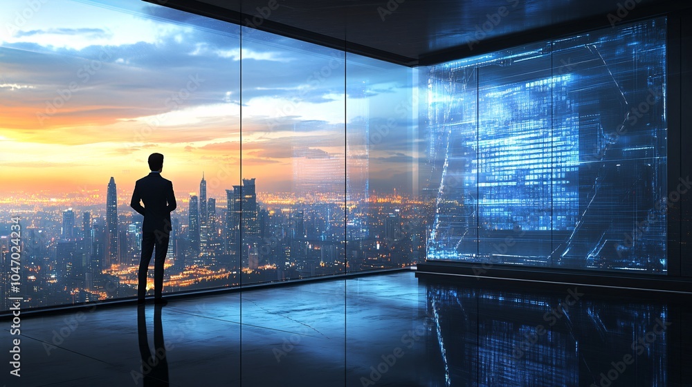 Aufkleber senior executive standing next to a digital presentation board in a modern meeting room guiding a st
