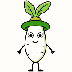 Daikon Radish vegetable vector art illustration with hand and legs, hat, white background