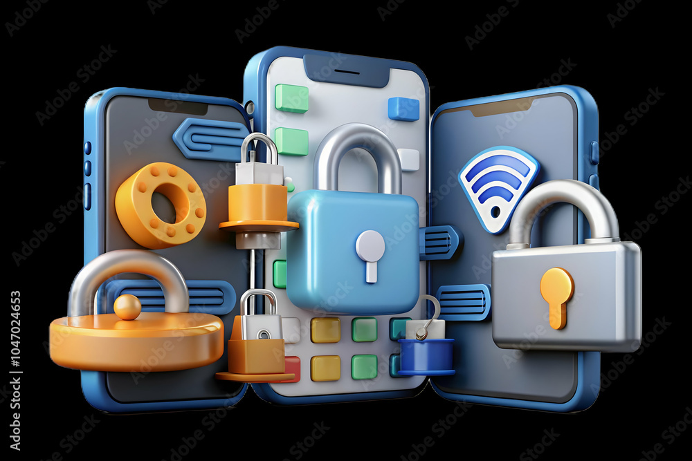 Poster business themed illustration secure mobile devices digital locks encrypted data flows mobile data pr