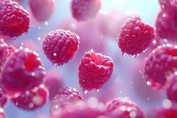 Fresh Raspberries Dropping in Bright Light