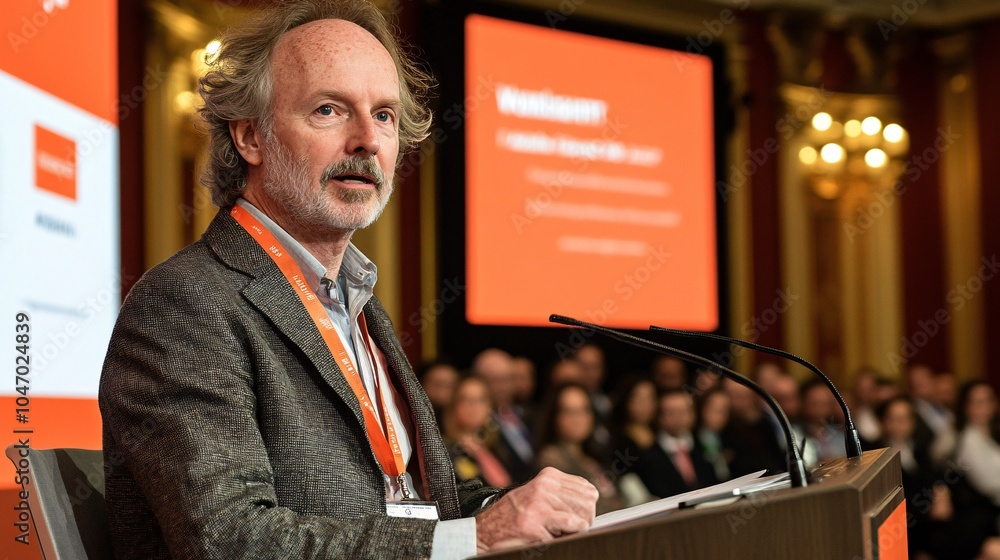 Aufkleber senior executive speaking at a podium during a high-level business conference surrounded by attentiv