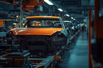 Selective focus automobile line assembly process, Car making with automation hand grip with high technology, Vehicle industrial factory.