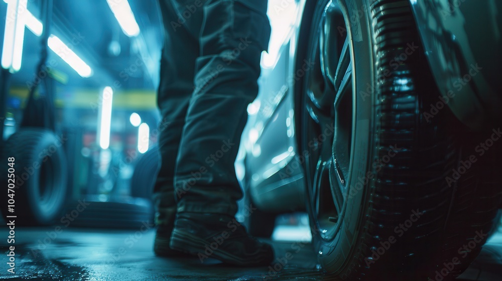 Poster a mechanic is focused on changing tires, surrounded by tools and equipment in a vibrant and busy wor