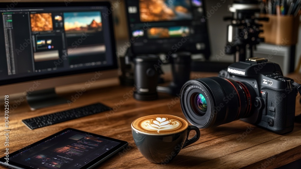 Fototapete a cup of coffee sits in front of a dslr camera on a desk with a computer and tablet displaying editi