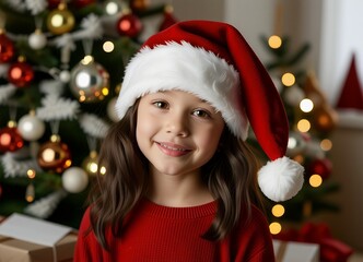 Happy Little Girl in Santa Hat by Christmas Tree Festive Holiday Portrait