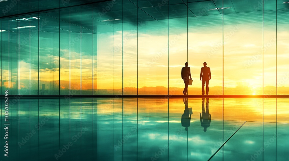 Aufkleber Senior executive in a collaborative setting reviewing documents with a colleague in a glass-walled office space Stock Photo with side copy space