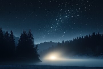 Fototapeta premium Night Sky Over Misty Forest with Stars