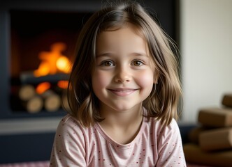 Happy Little Girl Smiling by Fireplace Winter Portrait
