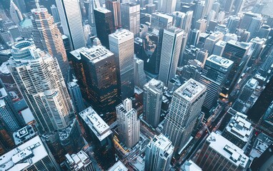 Aerial shot, winter city partially covered with snow. Top view perspective of megalopolis tall skyscrapers, towering buildings. New York concrete jungle, cinematic colors, dramatic angle, AI generated