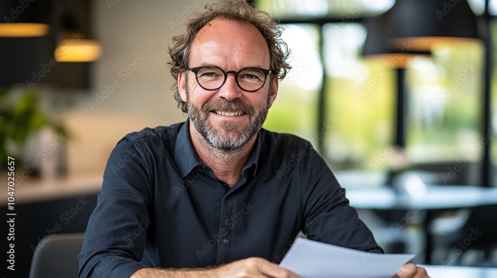 Poster senior executive with a confident smile reviewing important documents while sitting at a minimalist 