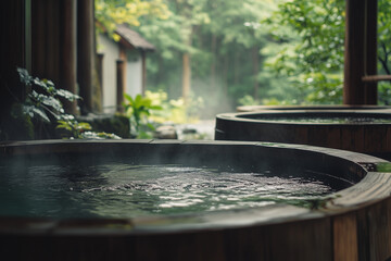 Selective focus wooden bathtub hot spring in the pool with steam, Landscape view of hot spring pool among the forest view, Mineral hot spring water for relaxation, Onsen bathtub with hot water.