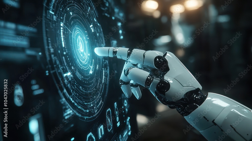 Poster robot mechanical hand presses index finger on hud virtual holographic button on touch screen