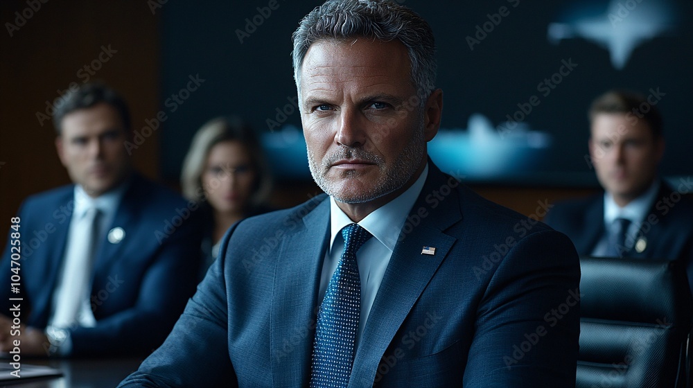 Aufkleber senior executive sitting in a boardroom discussing financial growth strategies with colleagues in an