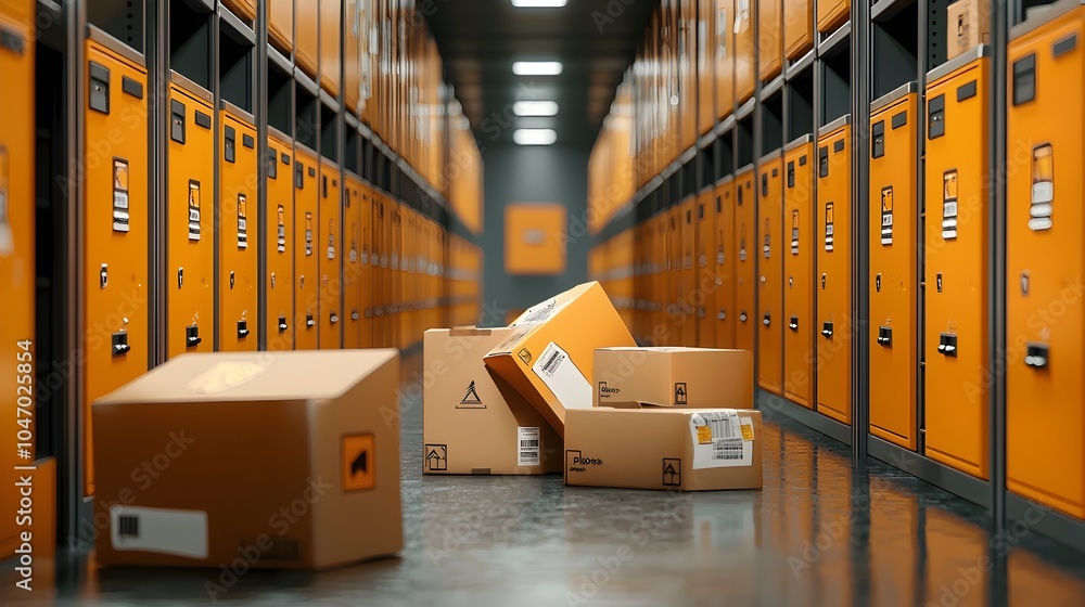 Poster Rows of neatly stacked parcel boxes arranged in a systematic locker storage system ready for efficient delivery and pickup of packages shipments and freight