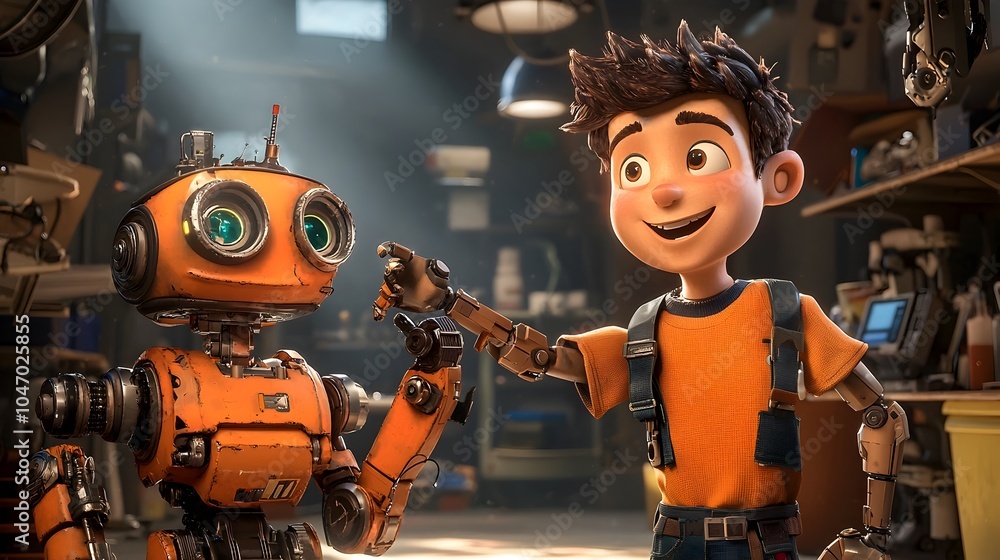 Poster Robotic engineer in a clay modeled cartoon lab enthusiastically dancing with a futuristic humanoid robot assistant