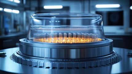 Centrifuge, Spinning centrifuge with samples inside with copy space