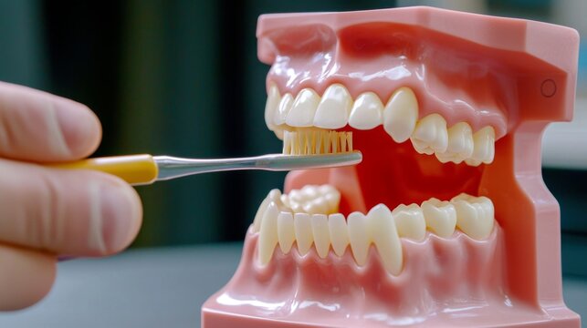 Dental Hygiene Instruction: Dentist demonstrating proper brushing techniques to patient, using model