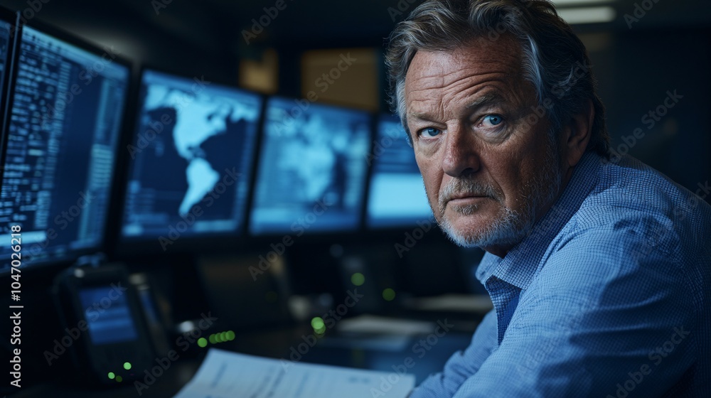 Poster senior executive sitting at a sleek desk surrounded by cutting-edge technology while reviewing busin