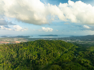 Aerial view of residential houses and driveways neighborhood during in sunny time.High angle view over building houses in phuket thailand