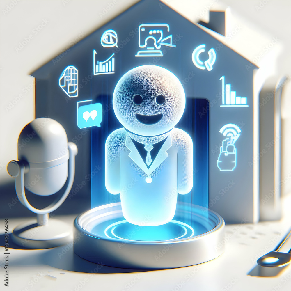 Poster 3d macro shot hologram virtual assistant home environment ai integration happiness working from home