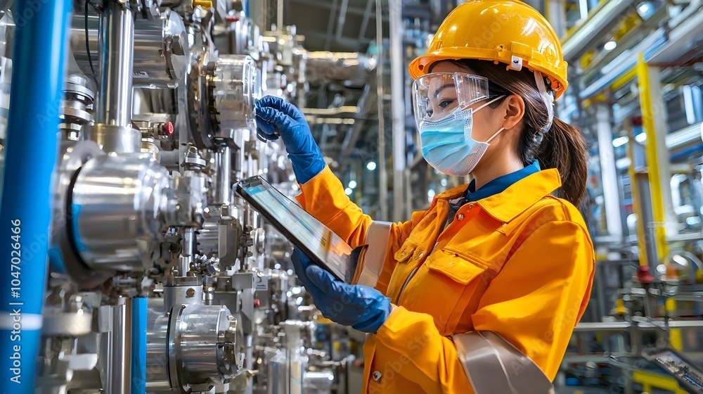 Poster skilled asian female industrial engineer overseeing and optimizing the workflow and efficiency of a 