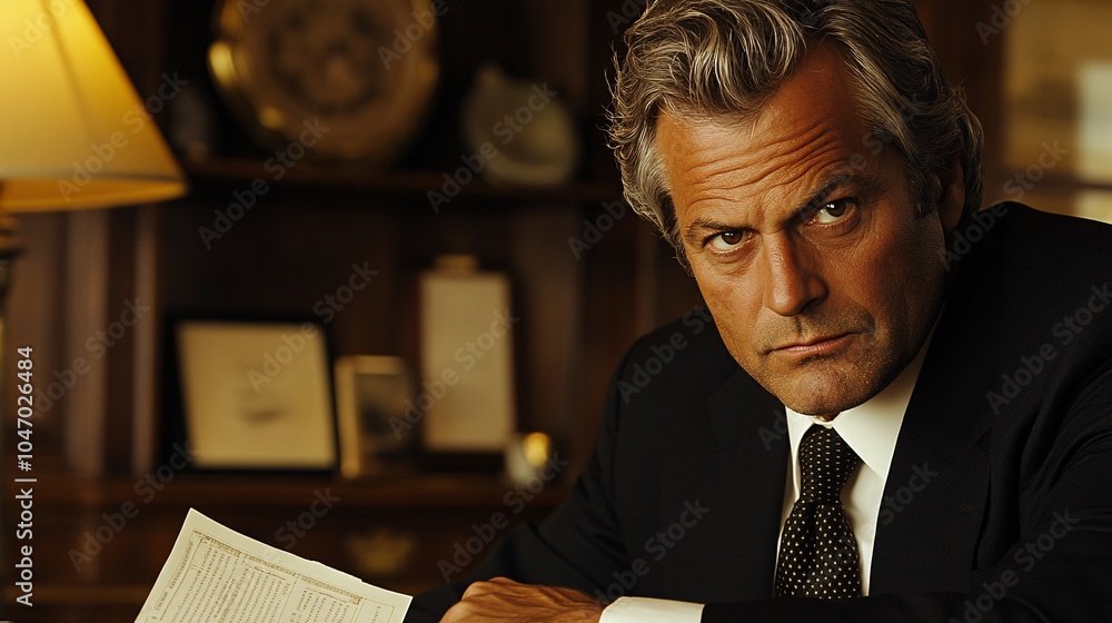 Poster Senior executive sitting at a boardroom table with a focused expression reviewing contracts and preparing for a major business decision Stock Photo with side copy space